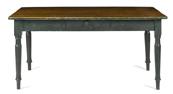 Painted pine farm table, 19th c., with a scrubbed: Painted pine farm table, 19th c., with a scrubbed top and an old green painted base, 29'' h., 60'' w., 33 1/2'' d.
