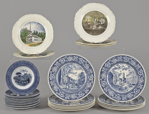 Twelve Byzantium plates, 19th c., 7 3/4'' dia., to: Twelve Byzantium plates, 19th c., 7 3/4'' dia., together with five Ironstone souvenir plates, 10'' dia., and eleven Wedgwood Old New York plates, 10 1/2'' dia. Provenance: The Collection of Captain Ha