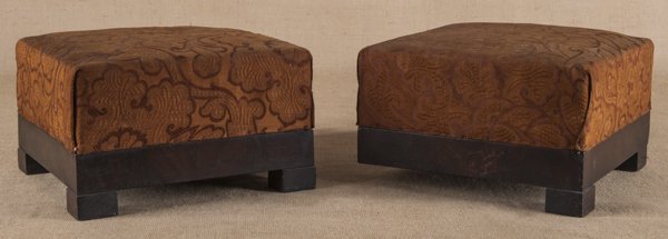Pair of New York Empire mahogany footstools, ca.: Pair of New York Empire mahogany footstools, ca. 1840, 9'' h., 14'' w., together with a mahogany candlestand, ca. 1800, 26'' h., 20'' w.