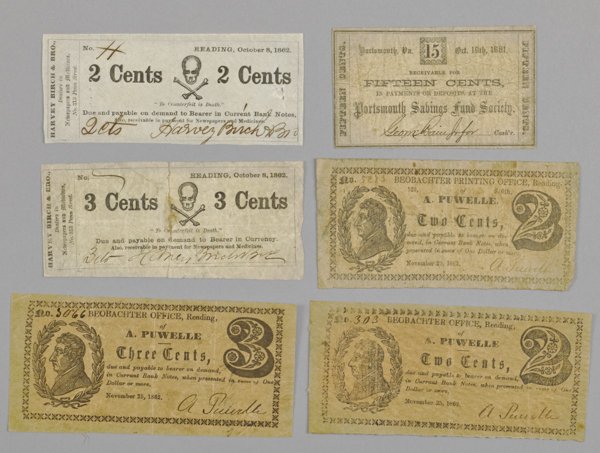 Five 1862 Reading, Pennsylvania fractional curren: Five 1862 Reading, Pennsylvania fractional currency notes, to include two A. Puwelle 2-cent notes, a 3-cent note, and two Harvey, Birch & Bro. 3-cent notes, together with one 1861 Portsmouth Savings F