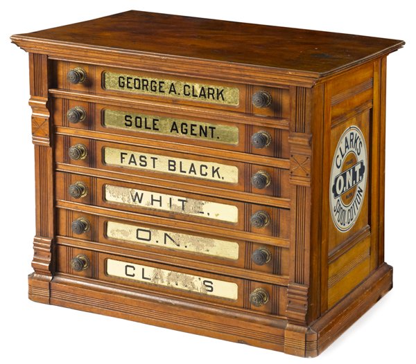 Clarks ONT Spool cabinet, late 19th c., 23'' h.,: Clarks ONT Spool cabinet, late 19th c., 23'' h., 24'' w.