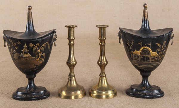 Pair of Continental tole painted urns, 19th c., 1: Pair of Continental tole painted urns, 19th c., 12 3/4'' h., together with a pair of brass candlesticks, 9 3/4'' h.