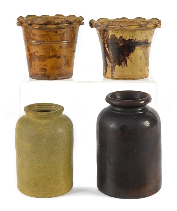 Two Pennsylvania crocks, 19th c., impressed John: Two Pennsylvania crocks, 19th c., impressed John Bell Waynesboro, together with two redware flower pots, tallest - 8 1/4''.