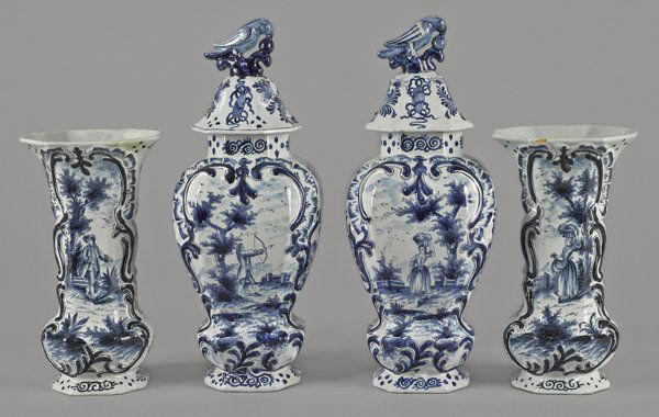 Four-piece blue and white Delft garniture set, ca: Four-piece blue and white Delft garniture set, ca. 1900, 10 1/4'' h. and 14 1/2'' h.