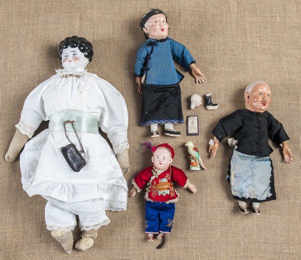 Bisque head and shoulder doll, together with thre: Bisque head and shoulder doll, together with three composition oriental dolls, tallest - 18''.