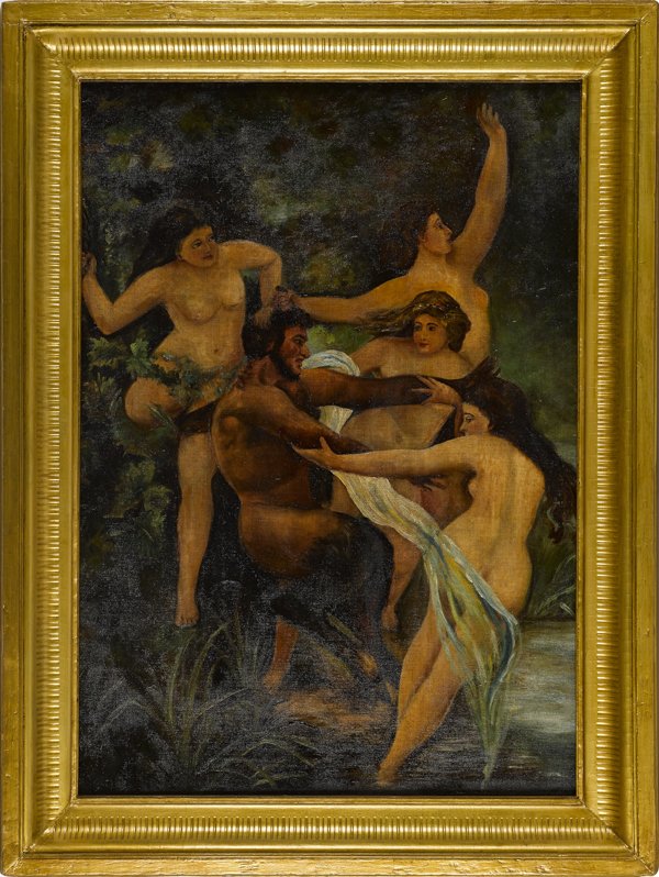 Oil on canvas of a satyr and four nymph's, 19th c: Oil on canvas of a satyr and four nymph's, 19th c., 40'' x 30''.