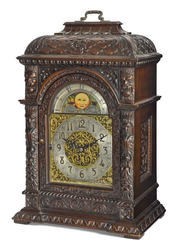Winterhalder Hofmeier German carved oak musical b: Winterhalder Hofmeier German carved oak musical bracket clock, early 20th c., with nine jewels, 21'' h.