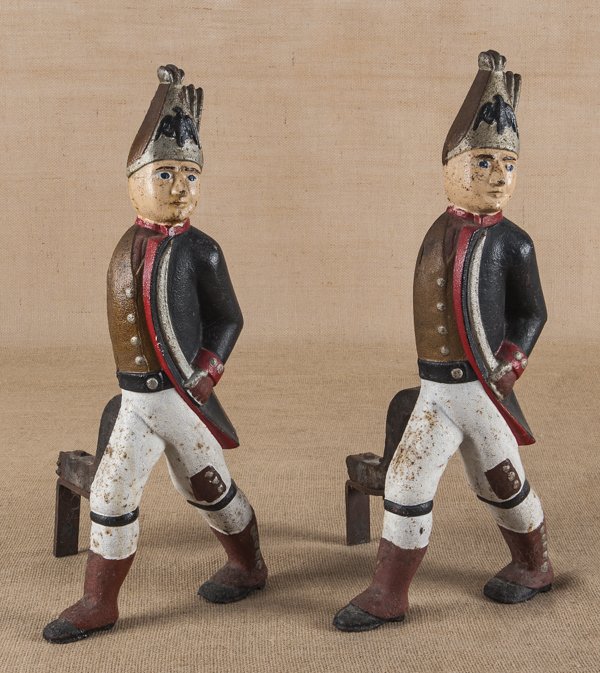 Pair of painted cast iron Hessian andirons, 19th: Pair of painted cast iron Hessian andirons, 19th c., 20'' h.