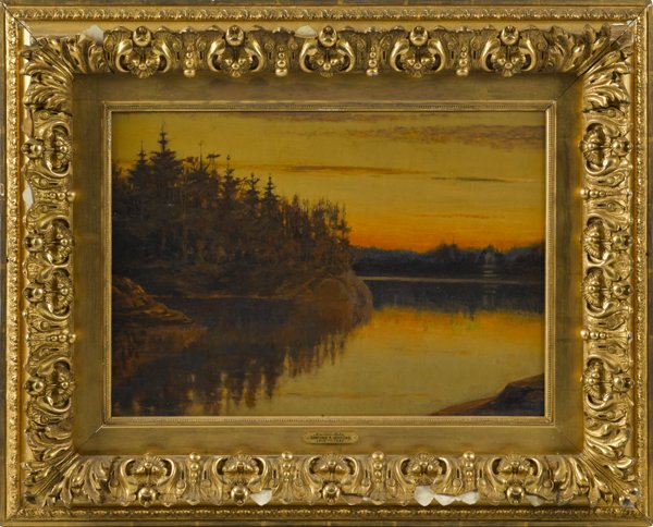 American oil on board sunset landscape, bearing t: American oil on board sunset landscape, bearing the signature S. R. Gifford, 15'' x 21''.