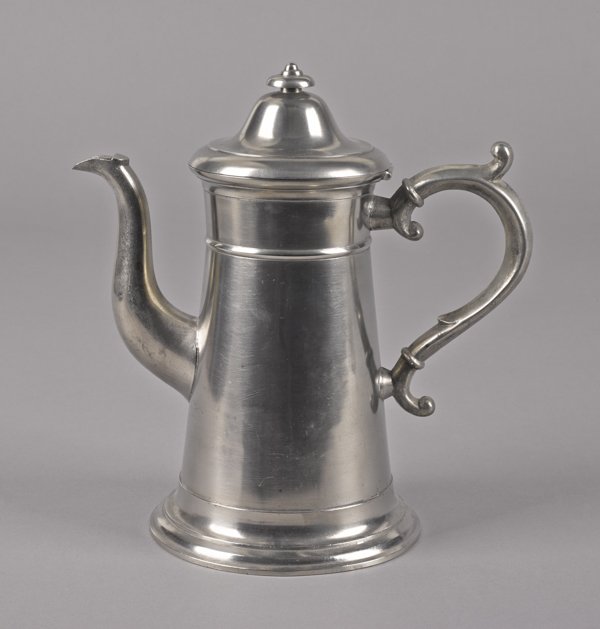 Meriden, Connecticut pewter coffee pot, ca. 1840: Meriden, Connecticut pewter coffee pot, ca. 1840, bearing the touch of Isaac Lewis, 11 1/4'' h.