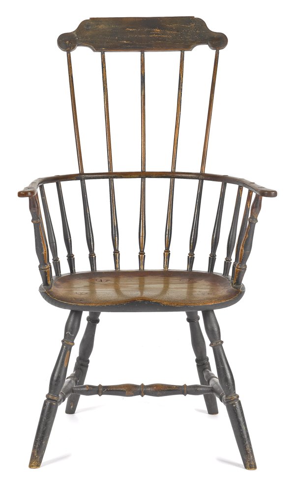 New England fanback Windsor armchair, ca. 1790,: New England fanback Windsor armchair, ca. 1790, retaining an old black over green surface.