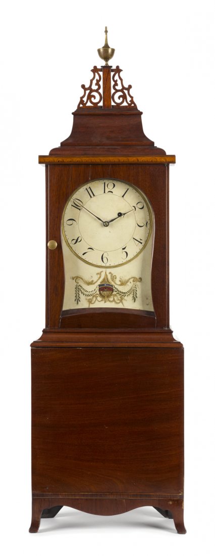 Massachusetts Federal mahogany shelf clock, ca.: Massachusetts Federal mahogany shelf clock, ca. 1800, with a lunette inlaid bonnet, a painted dial with urn and swag decoration, and French feet, 42 1/2'' h.