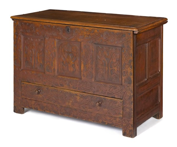 Massachusetts Pilgrim Century carved oak chest,: Massachusetts Pilgrim Century carved oak chest, ca. 1700, probably Hadley area, the lift lid over a case profusely carved with floral decoration, initialed MS, above a single drawer and stile feet, re