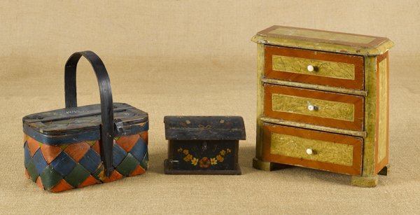Scandinavian painted basket, dated 1872, toge: Scandinavian painted basket, dated 1872, together with a painted pine dome lid box and a painted pine doll's chest of drawers, 11 3/4'' h., 11 3/4'' w.