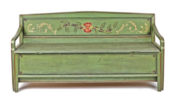 Scandinavian tuck-away settle bed, 19th c., ret: Scandinavian tuck-away settle bed, 19th c., retaining an old green painted surface, 34 1/2'' h., 67'' w.