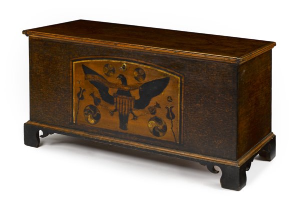 Centre County, Pennsylvania painted pine dower c: Centre County, Pennsylvania painted pine dower chest, dated 1814, the front with a large panel of a spread winged eagle and tulips surrounded by an ochre sponge ground with pinwheels, 27 1/4'' h., 50'