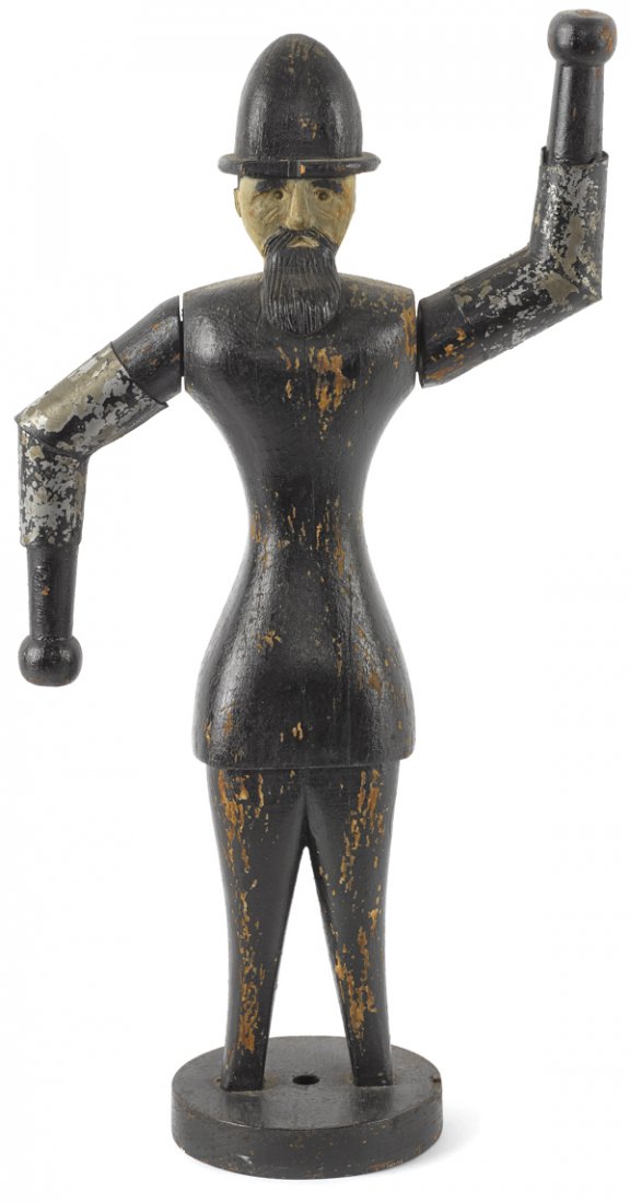 Carved and painted pine whirligig figure of a be: Carved and painted pine whirligig figure of a bearded gentleman, ca. 1900, with tin sleeves, 18 1/4'' h.