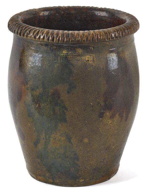 Virginia redware crock, 19th c., impressed Bel: Virginia redware crock, 19th c., impressed Bell & Son Strasburg, 9'' h.