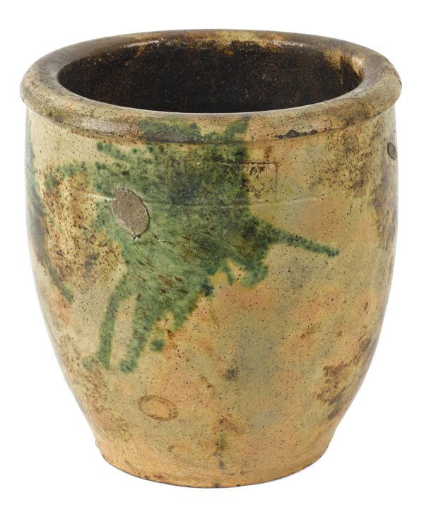 Virginia redware crock, 19th c., impressed S.: Virginia redware crock, 19th c., impressed S. Bell & Son Strasburg, with mottled green, brown, and cream glaze, 8 1/2'' h.