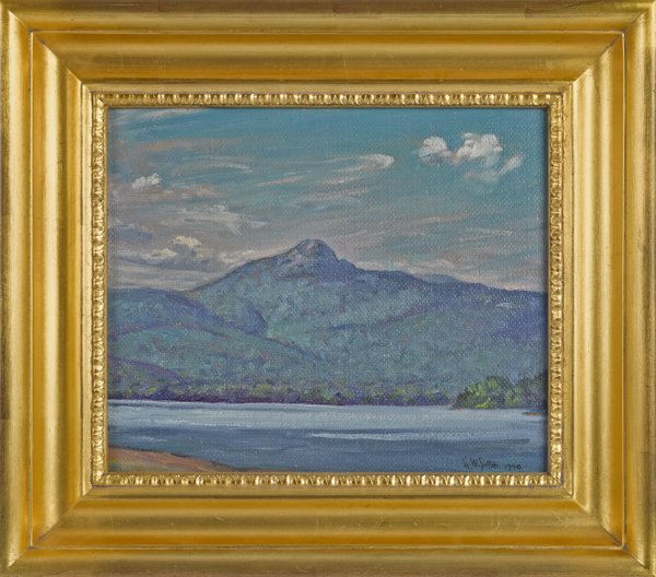 George William Sotter (American 1879-1953), oil: George William Sotter (American 1879-1953), oil on board mountain landscape with a lake, signed lower right and dated 1948, 10'' x 12''.