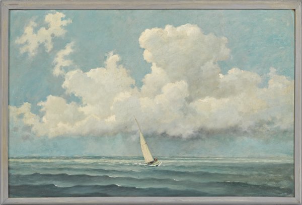 Eric Sloane (American 1905-1985): [Eric Sloane (American 1905-1985)], oil on masonite of a sailboat off the shore of the Creek Club, Locust Valley, New York, signed lower right {E J A Sloane}, 24" x 36".