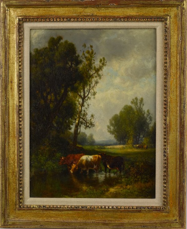 William Howard Hart (American 1863-1937), oil o: William Howard Hart (American 1863-1937), oil on canvas landscape with cows, signed lower right, 16'' x 12''.
