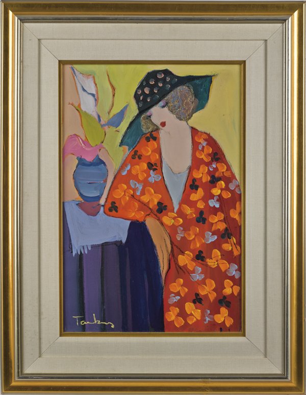Itzchak Tarkay (Serbian/Israeli 1935-2012), oil: Itzchak Tarkay (Serbian/Israeli 1935-2012), oil on canvas of a woman seated at a table, signed lower left, 24'' x 16''.