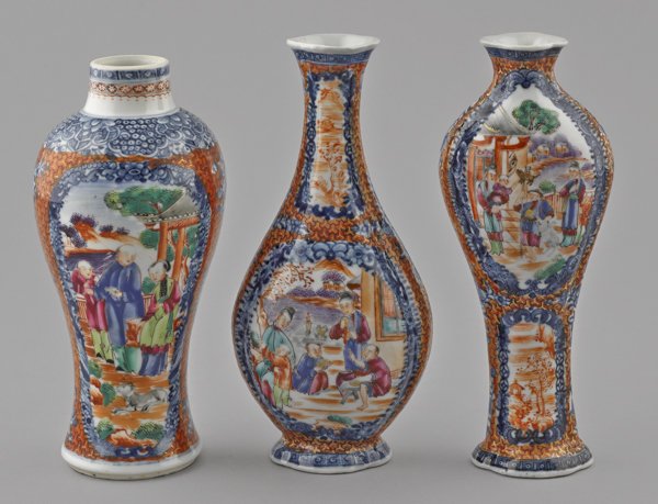 Chinese export porcelain Mandarin palette three-: Chinese export porcelain Mandarin palette three-piece garniture set, 19th c., 8'' h. and 7 3/4'' h.