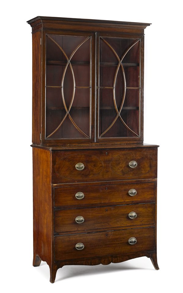 George III mahogany two-part secretary, late 18t: George III mahogany two-part secretary, late 18th c., the lower section with a butler's desk, 81 1/2'' h., 36'' w.