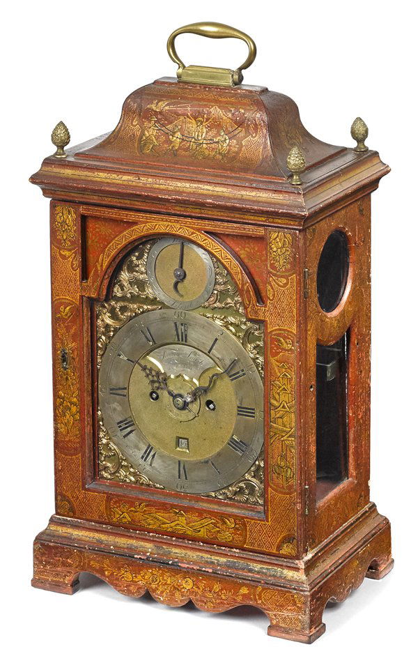 George III Japanned bracket clock, ca. 1770, wi: George III Japanned bracket clock, ca. 1770, with a brass face eight-day works, inscribed James Smith London, and an elaborately engraved back plate, 20 1/2'' h.