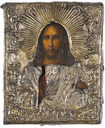 Russian silver and oil on panel icon of Christ,