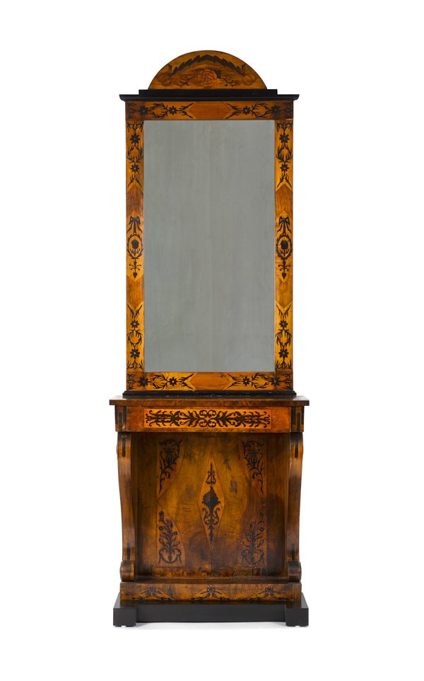Beidermeyer marquetry decorated mahogany console: Beidermeyer marquetry decorated mahogany console table and mirror, ca. 1830, table - 35 1/2'' h., 30 3/4'' w., mirror - 55 1/2'' h.