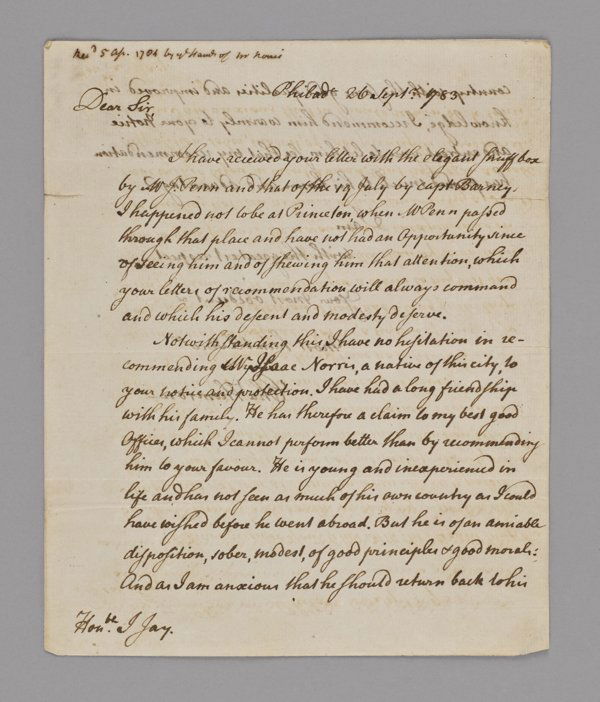 Charles Thomson signed letter, as Secretary to t: Charles Thomson signed letter, as Secretary to the Continental Congress, dated 26 September 1783, Philadelphia, one and a half pages acknowledging a gift, 9 1/4'' x 7 1/2''.