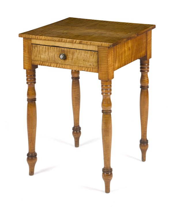 Pennsylvania Sheraton tiger maple one-drawer sta: Pennsylvania Sheraton tiger maple one-drawer stand, ca. 1830, 29 1/2'' h., 20 1/4'' w.