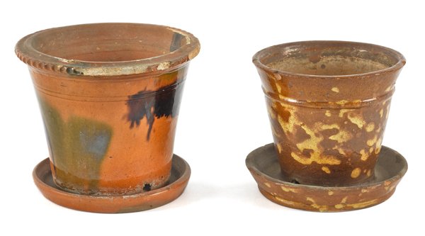 Two redware flowerpots, 19th c., one attributed: Two redware flowerpots, 19th c., one attributed to Willoughby Smith, 5'' h. and 4 1/2'' h.