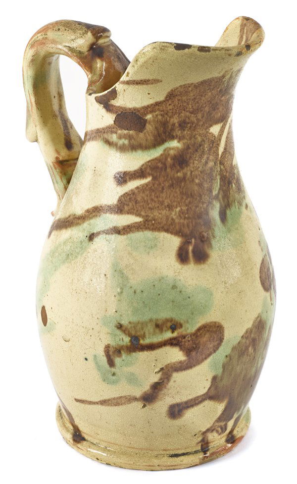 Shenandoah Valley, Virginia redware pitcher, 19t: Shenandoah Valley, Virginia redware pitcher, 19th c., attributed to the Eberly Pottery, 11 1/4'' h.