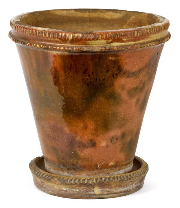 Shenandoah Valley, Virginia redware flowerpot, 1: Shenandoah Valley, Virginia redware flowerpot, 19th c., with attached undertray, 8 1/4'' h.