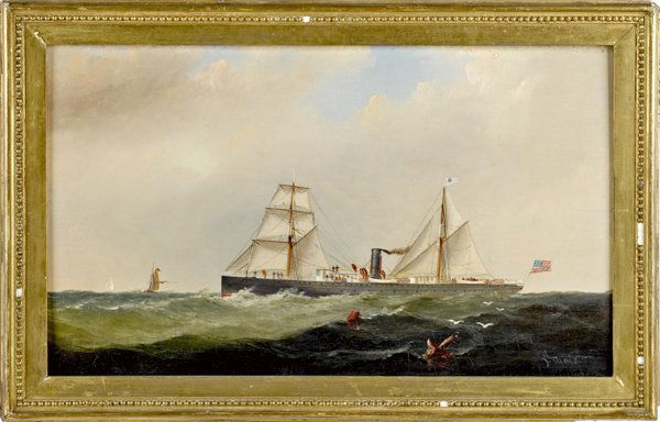 Alexander Charles Stuart (American 1831-1898),: Alexander Charles Stuart (American 1831-1898), oil on panel of an American steamship, signed lower right, 11 3/4'' x 19 3/4''.