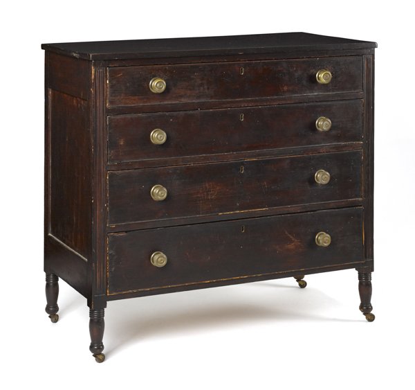 Newtown Bucks County, Pennsylvania, Sheraton wal: Newtown Bucks County, Pennsylvania, Sheraton walnut chest of drawers, early 19th c., bearing the label of Robert Sellers, 39 3/4'' h., 41'' w.