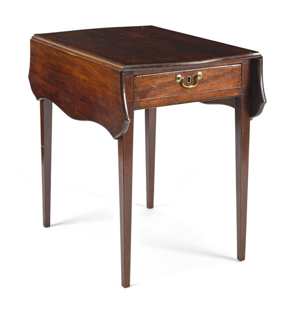 Maryland Federal mahogany Pembroke table, ca. 18: Maryland Federal mahogany Pembroke table, ca. 1805, probably from the workshop of John Shaw, with serpentine leaves and a fan inlaid drawer, 28 1/2'' h., 20 1/2'' w., 30'' d.