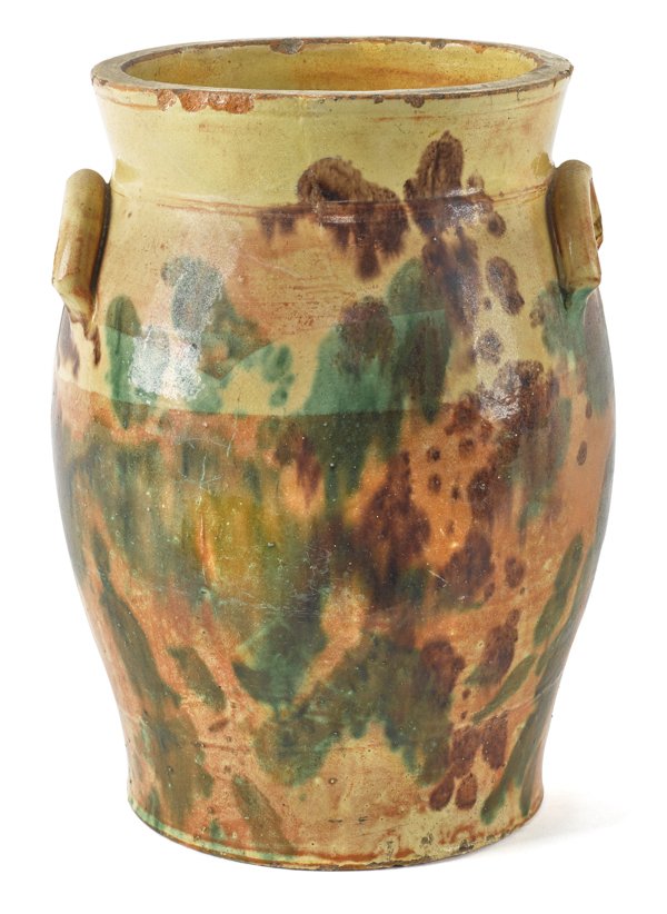 Shenandoah Valley, Virginia redware crock, 19th: Shenandoah Valley, Virginia redware crock, 19th c., with green and brown splotching on a cream ground, 13 1/2'' h.