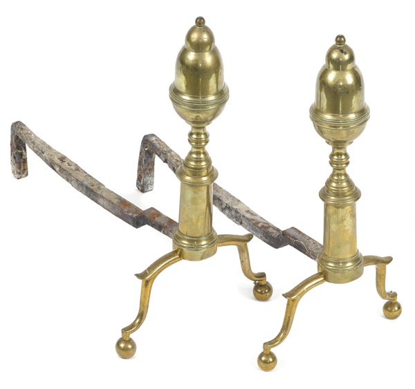 Pair of Federal brass acorn top andirons, ca. 18: Pair of Federal brass acorn top andirons, ca. 1810, 17 1/4'' h.