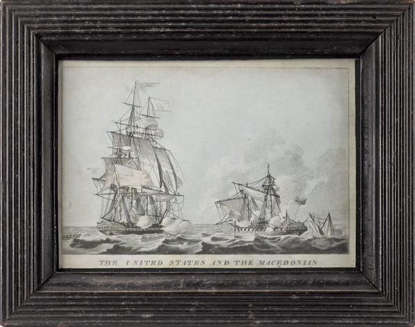 Ink and watercolor naval battle scene of The Un: Ink and watercolor naval battle scene of The United States and the Macedonian, 5'' x 7 1/2''.