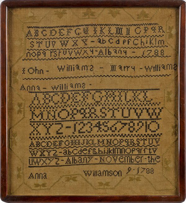 Albany, New York silk on linen sampler, dated 1: Albany, New York silk on linen sampler, dated 1788, wrought by Anna Williamson, 13 1/4'' x 12''.