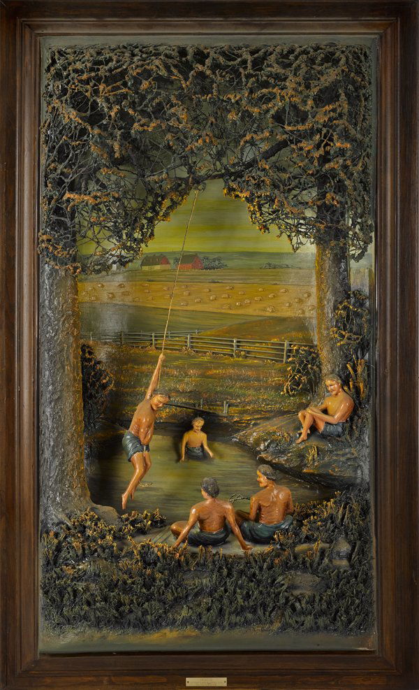 Aaron K. Zook (Pennsylvania, Amish 20th c.), ca: Aaron K. Zook (Pennsylvania, Amish 20th c.), carved and painted diorama, titled Swimming, signed lower right and dated 1976, 60'' x 36''.