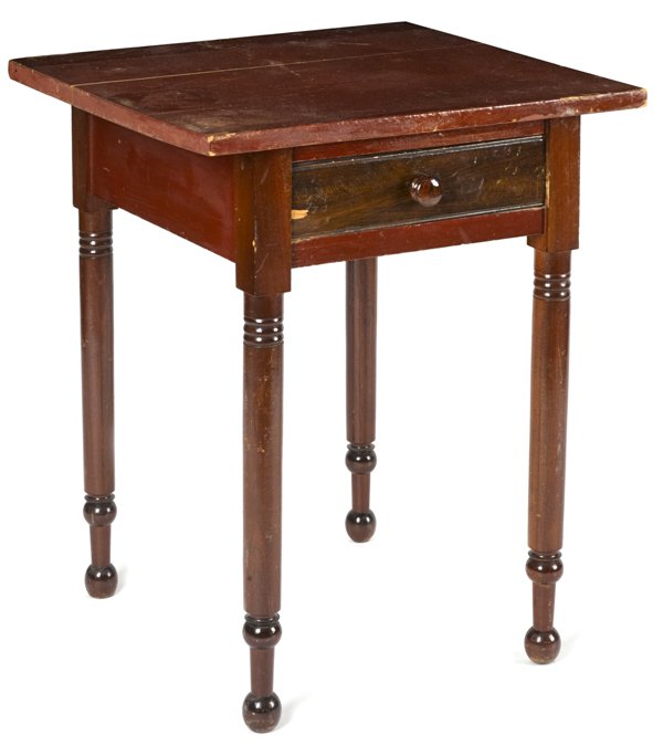 Lancaster, Pennsylvania Sheraton painted pine an: Lancaster, Pennsylvania Sheraton painted pine and poplar one-drawer stand, 19th c., attributed to Henry Lapp, retaining the original red and ochre grained surface, 29'' h., 23 3/4'' w.