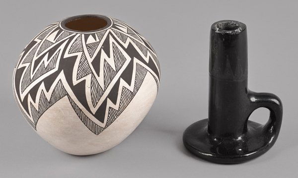 Acoma pottery bowl, signed Lucy M. Lewis, 6'' h.: Acoma pottery bowl, signed Lucy M. Lewis, 6'' h., together with a San Ildefonso blackware candlestick by Maria and Julian Martinez, 5 3/4'' h.