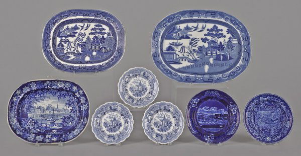 Eight pieces of blue Staffordshire, 19th c., to i: Eight pieces of blue Staffordshire, 19th c., to include two blue willow platters, a Diorama View of Southampton Hants platter, a Landing of General Lafayette plate, a London Views plate, and three Ade