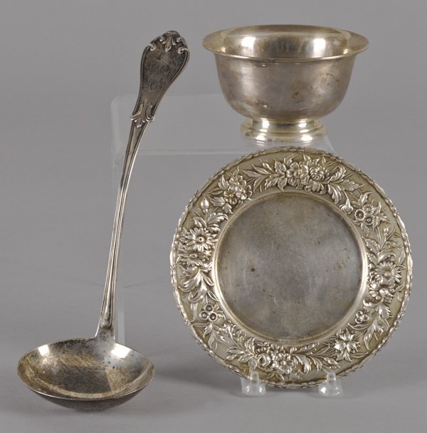 Baltimore silver ladle, 19th c., by W. F. Bissing: Baltimore silver ladle, 19th c., by W. F. Bissing, 11 1/4'' l., together with a Kirk bowl and plate, 12.3 ozt.