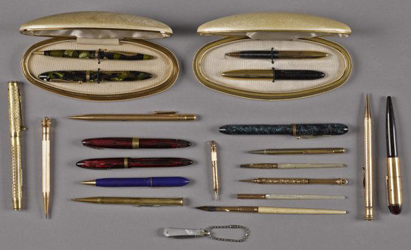 Collection of fountain pens, pencils, etc., by Co: Collection of fountain pens, pencils, etc., by Conklin, Sheaffers.